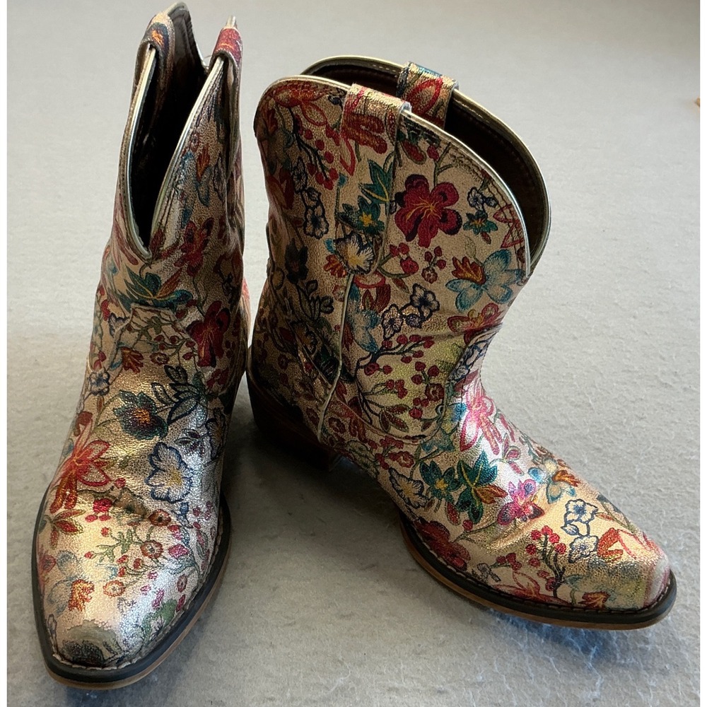 Roper Metallic Gold Floral Western Cowboy Boots 6 Snip Toe Ankle Booties READ